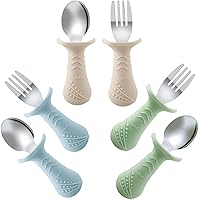 PandaEar 6-Pack Baby Toddler Stainless Steel Forks & Spoons - BPA-Free, Silicone Grip, Rounded Anti-Choke Safe Utensils (Green Blue Brown)