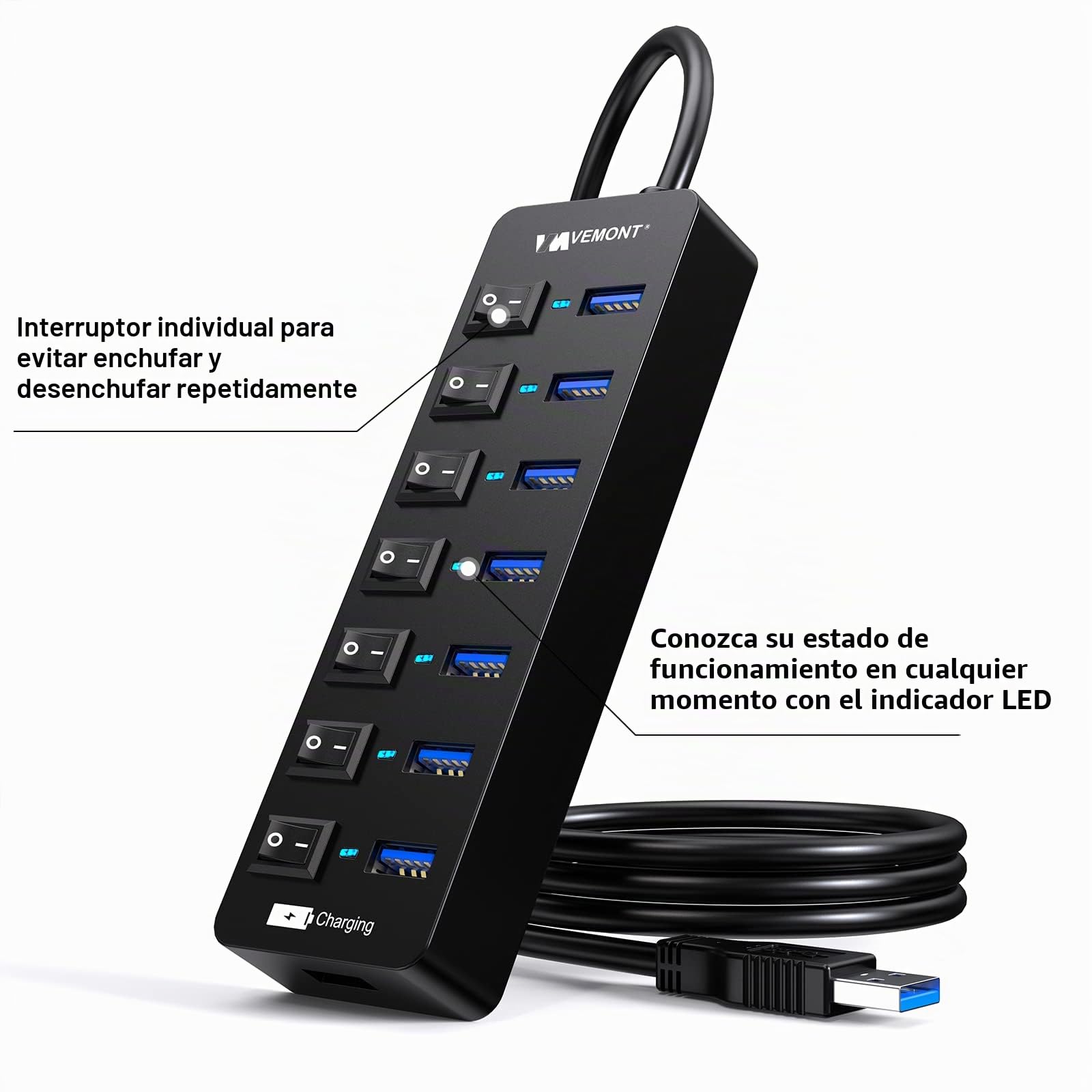 VEMONT - Hub USB Activo 3.0 con Fuente de alimentación, Distribuidor USB de 7 Puertos y 1 Carga Inteligente con 5 V/3 A, Divisor con Interruptor Individual y Cable de 1,2 m de Largo para PC/Ordenador