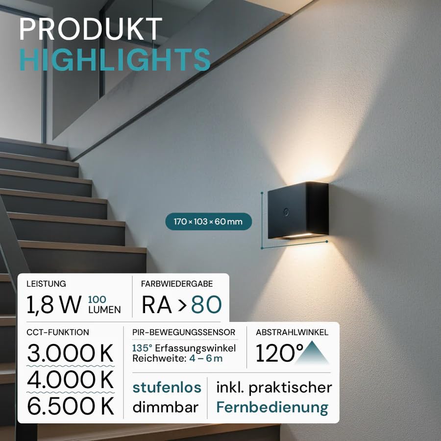 LUXULA 4er Set LED Akku Wandleuchte Innen Schwarz, Wandleuchte mit Bewegungsmelder, Einstellbar 3000K 4500K 6500K, Dimmbar, Wiederaufladbar, mit Fernbedienung, Kabellos für Flur & Schlafzimmer