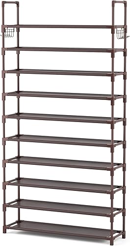 Miniatura 8 de VTRIN - Zapatero de 10 niveles alto de gran capacidad para 50 pares, estante de zapatos ancho organizador de zapatos robusto para entrada con dos