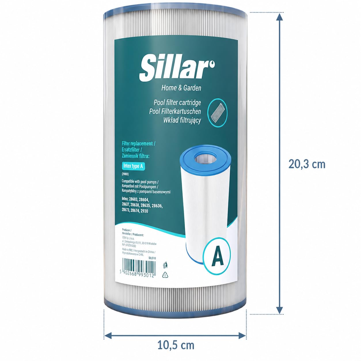 Sillar Cartuchos de Filtro para Piscina Tipo A – Pack de 6 Unidades, repuestos para Bombas de filtración Intex 28603/28604/28637, compatibles con Bombas y Cartuchos de Filtro Intex
