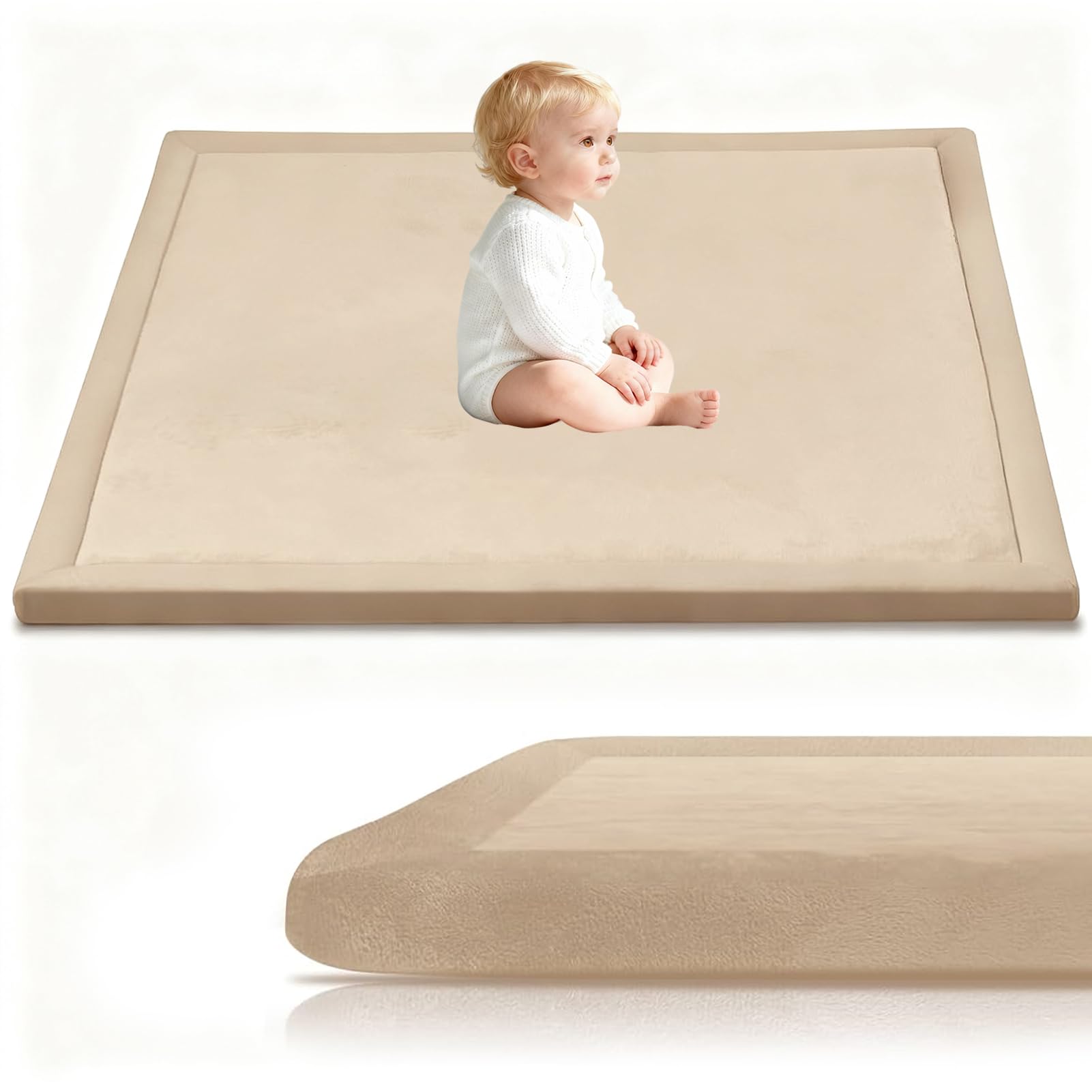 Stqyeiw 3cm Thick Baby Crawling Mat, Baby Play Mat 50 x 80 cm Light Brown Nursery Rug for Crawling Playing for Bedroom Kids, Non Slip Coral Velvet Babies Mats for Floor Play