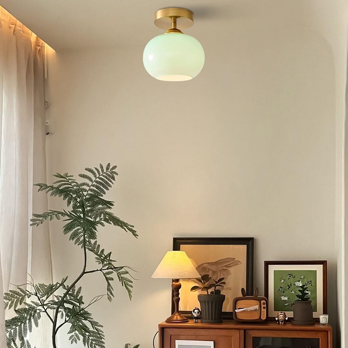 Kremowy Szklany Kula Lampy Sufitowa Pół Wpuszczana, Plafon Mały Styl Mid Century Vintage Wiejski do Korytarz Wejście Balkon Oświetlenie Sufitowe(Green)