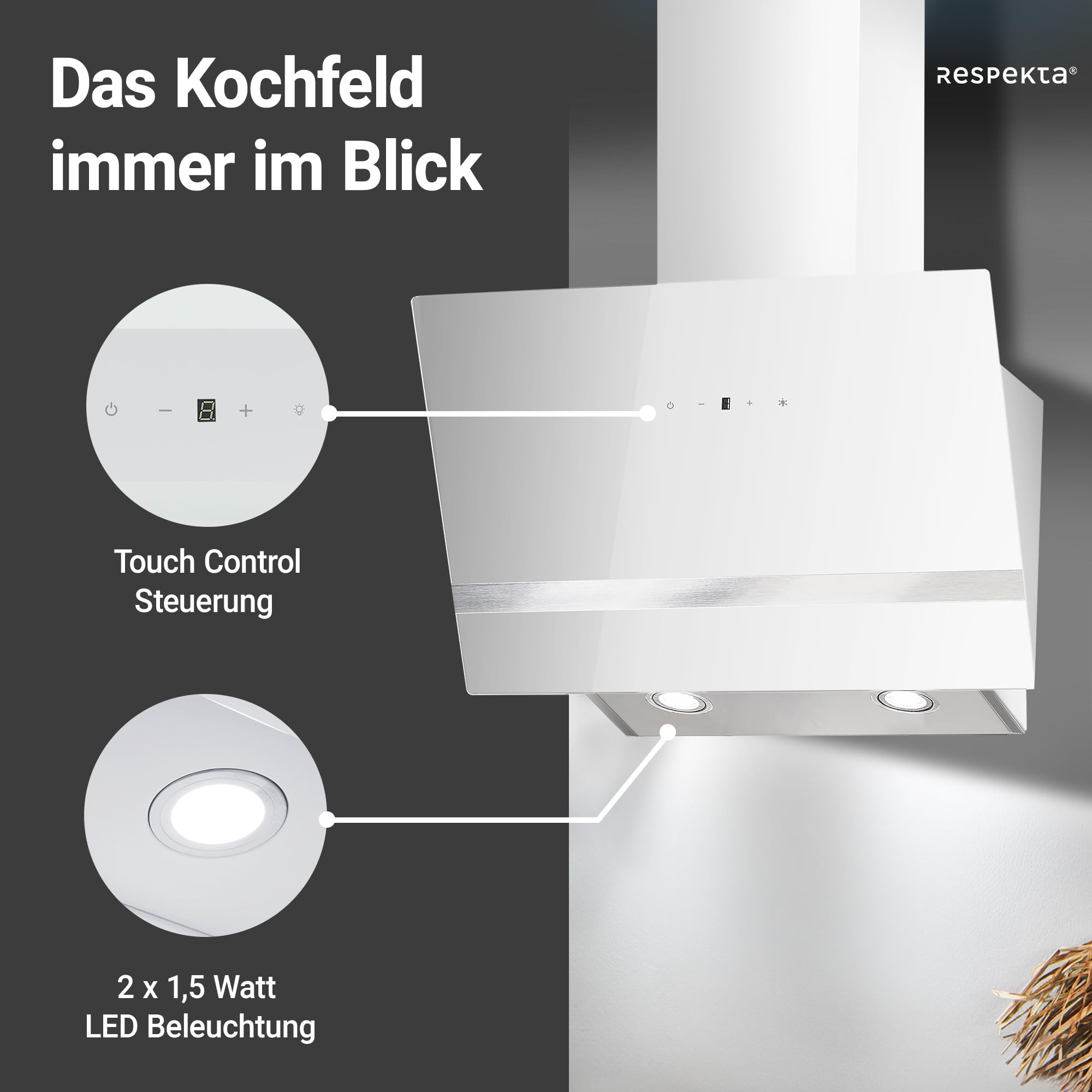 Respekta Dunstabzugshaube kopffrei/Haube schräg 60 cm/Metallgehäuse mit Glasschirm in Weiß/Abluft - und Umluftfunktion / CH24060WAM / A / 52 – 63 dB