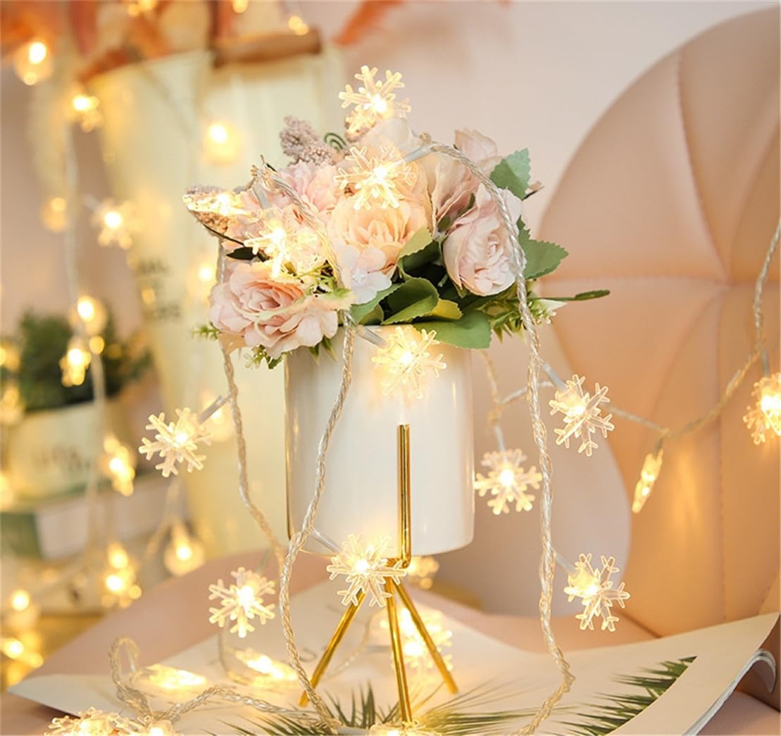 JHzood Fairy Lights Waterproof,Warm Christmas Snowflake & Star Lights,Battery Powered LEDs Lighting Chain,2 Modes, for Indoor & Outdoor Weddings,Party,Birthday,Valentine (Snowflakes, 6m 40lights)