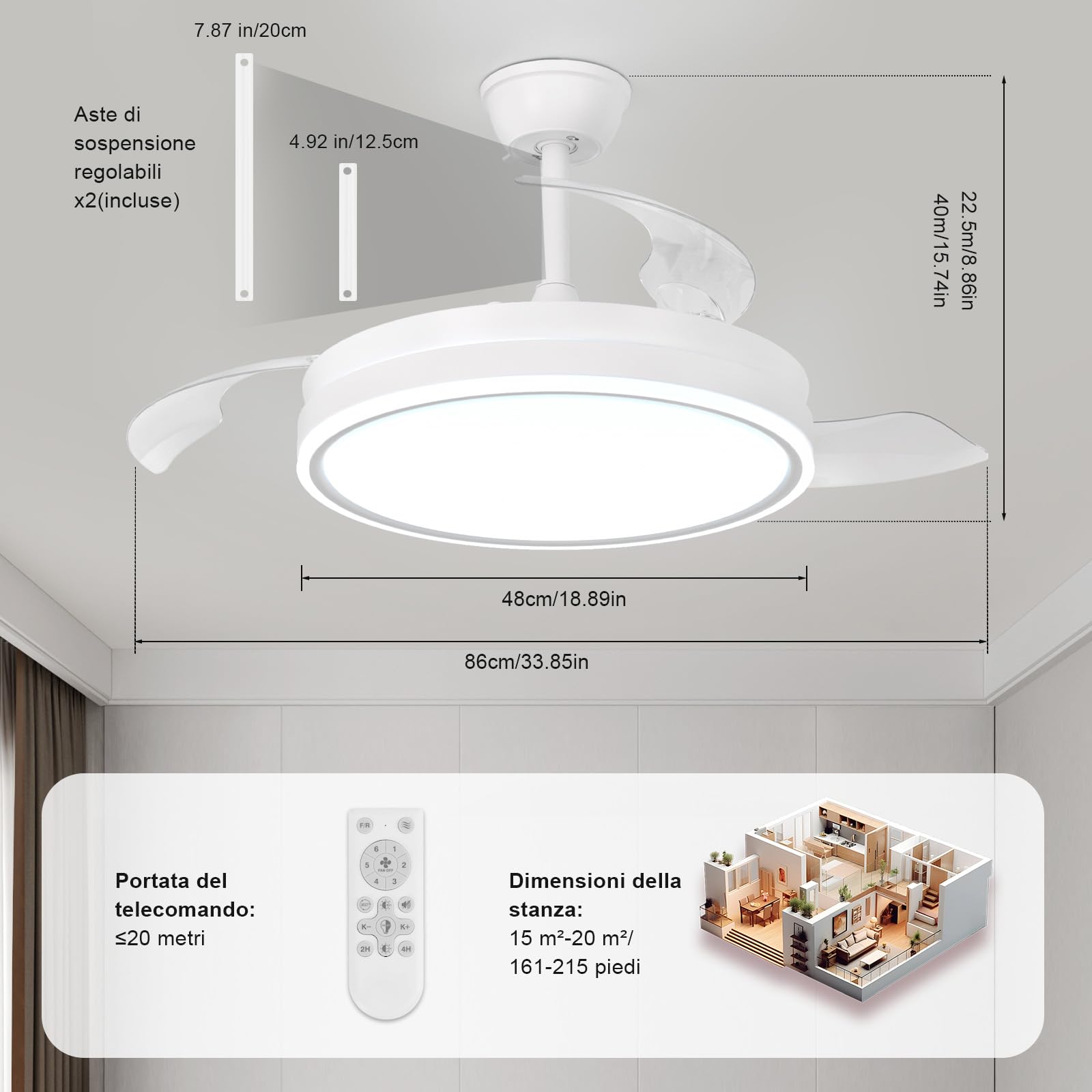 Dorlink Ventilatore da Soffitto con Luce 86CM,Telecomando,Pale Retrattili,Motore DC Silenzioso,6 Velocità, Reversibile, Dimmerabile,3000K-6500K,Reversibile,per Camera da Letto,Soggiorno,Bianco