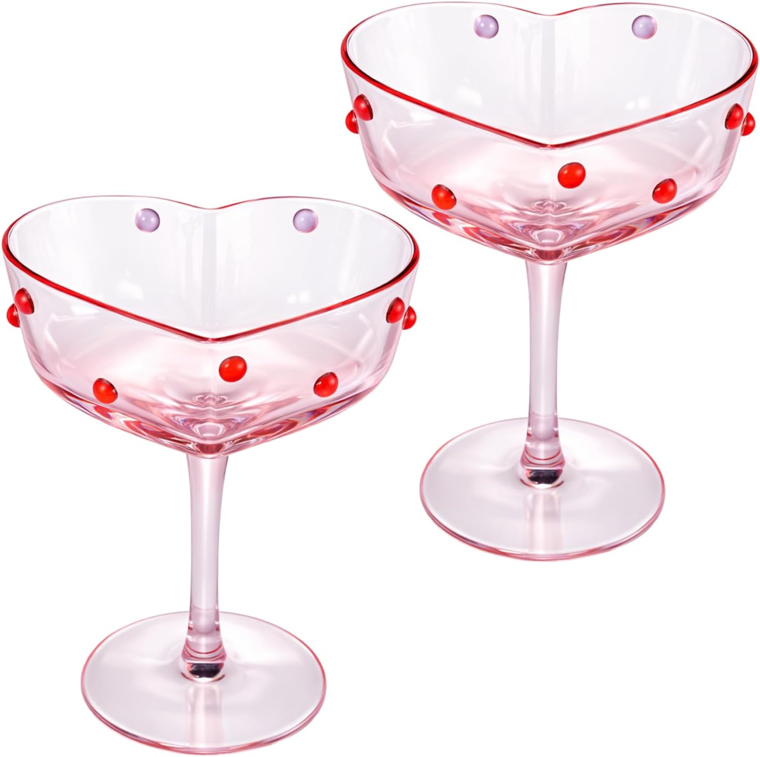 2 Pcs 12 oz Valentine's Day Heart Shaped Pink Martini Wine Glasses with Romantic Polka Dots Valentine's Day Gift Couple Glasses Heart Red Dotted Romantic Birthday Wedding Supplies