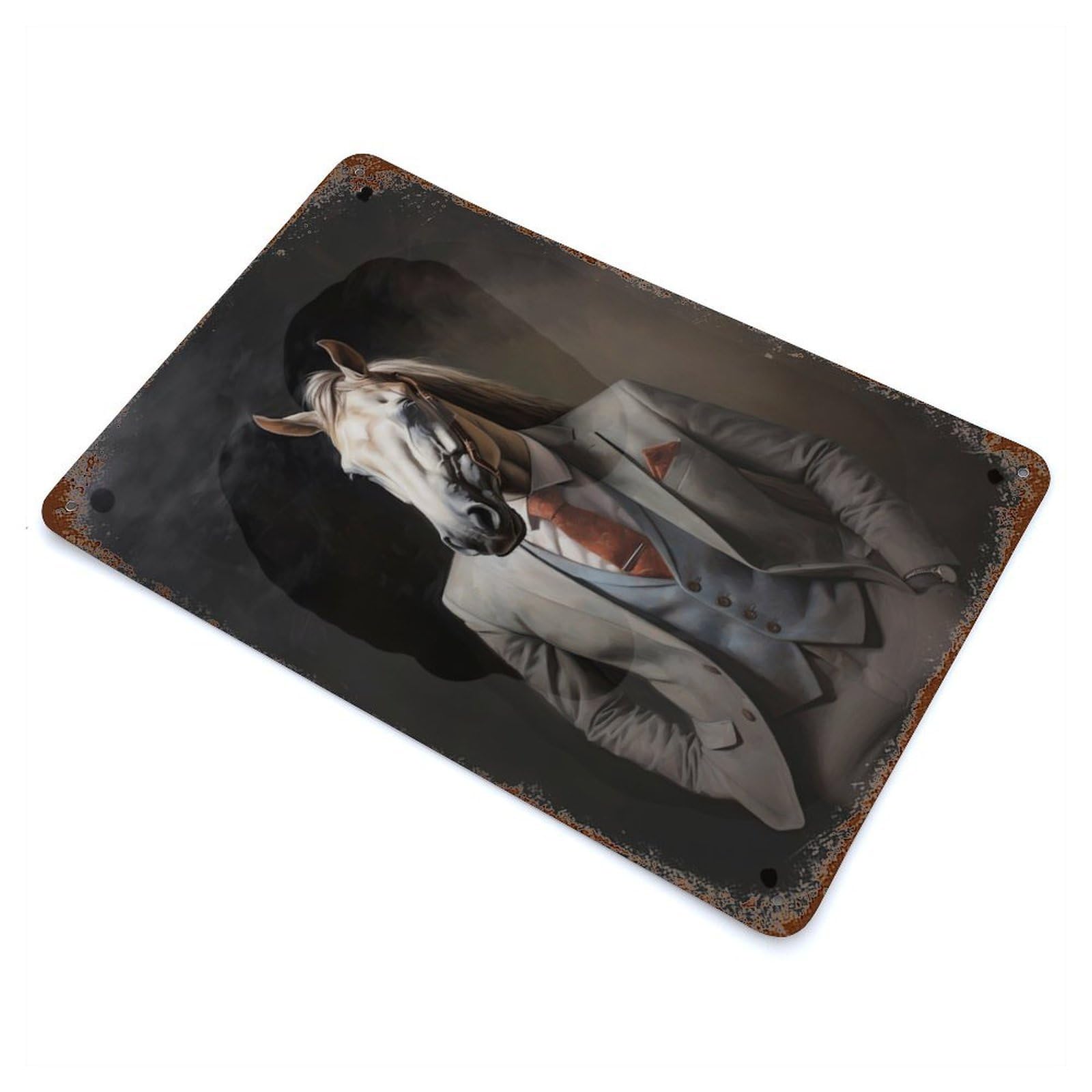 Aged Metal Wall Plaque with Horse in A Suit Design 11.8"x7.9", for Cafe, Home Bar And Lounge Decor, Novelty Wall Decor