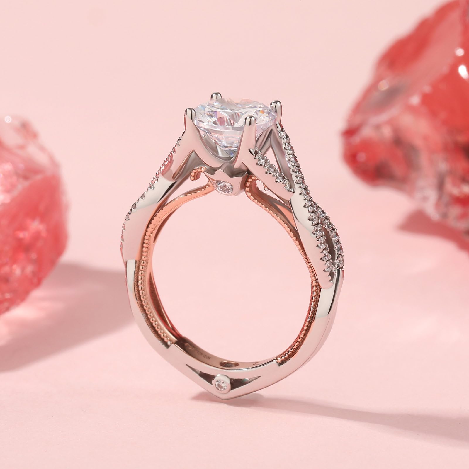 Jeulia Anillos de dos tonos de plata esterlina para mujer: Anillo de filas de torsión de eternidad de corte redondo Anillo de compromiso de promesa Anillo de compromiso de joyería de circonio cúbico