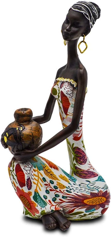 Statue African Figurine Sculpture Colorful Dress Sitting Down Holding Vase Lady Figurine Statue Decor Collectible Art Piece 10.5" Inches Tall - Flower Dress Tropical Novelty African Statues
