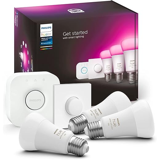 Philips Hue - Bombilla Inteligente, A60 E27, Luz Blanca y de Colores, 9W (Eq. 75W) 1100 lm, Compatible con Alexa y Google Home - Pack de 3 Bombillas LED inteligentes + Botón Inteligente + Hue Bridge