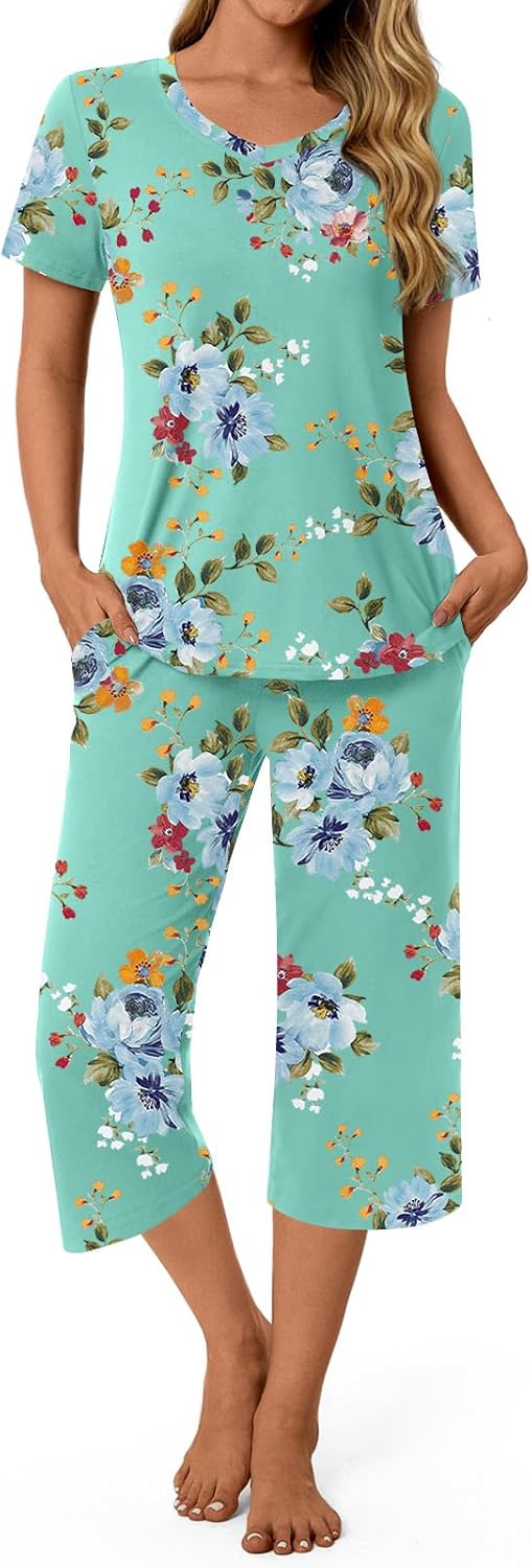 syoss Womens Pajamas Set 2 Piece Pj Sets Summer Loungewear Soft Capri Sleepwear With Pockets