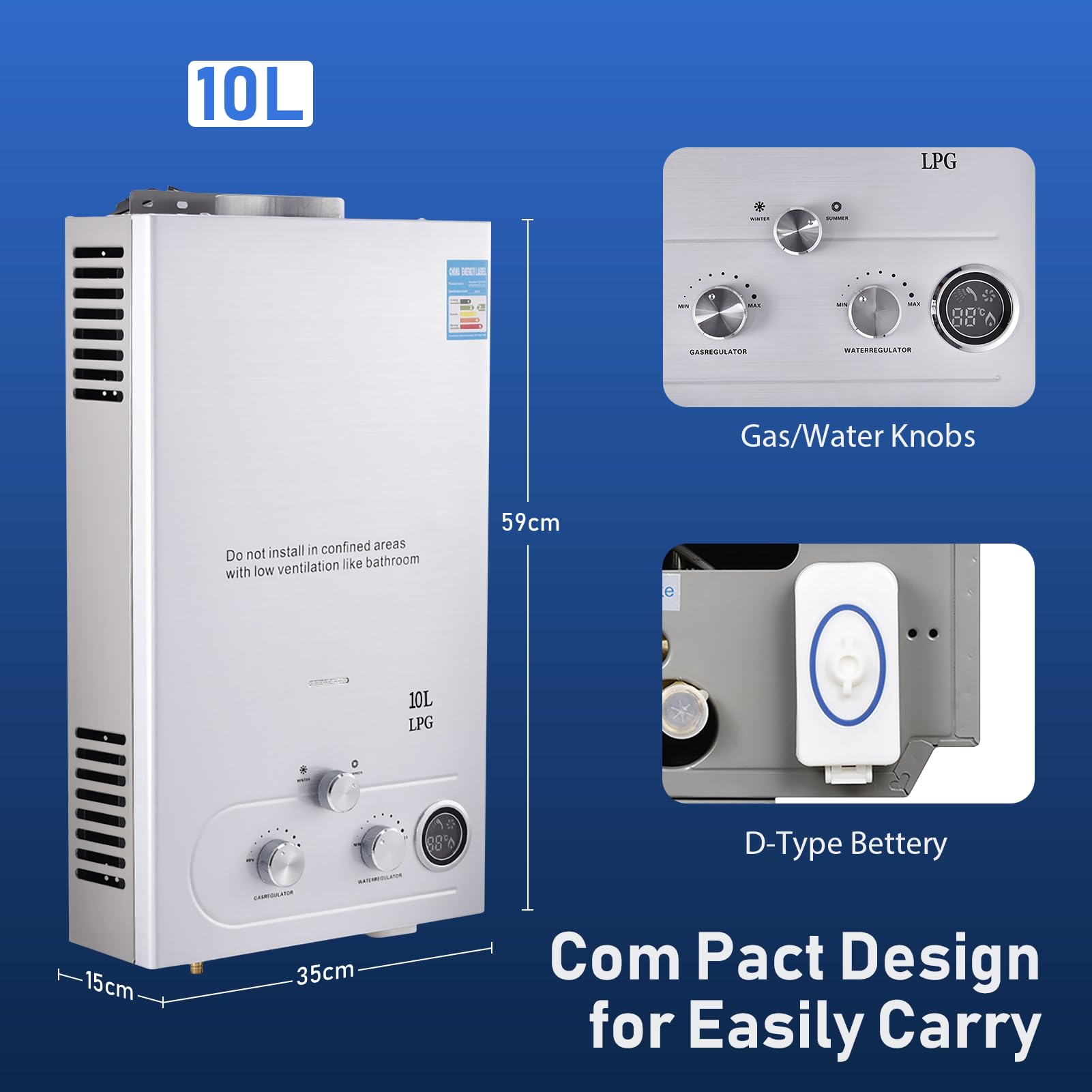 Durchlauferhitzer Gas 10L, 20KW LPG Gasdurchlauferhitzer Warmwasserbereiter Super Niedrigem 0,5bar Startwasserdruck, Tragbarer Gas Durchlauferhitzer, für Dusche im Außenbereich Dusche Bad Camping