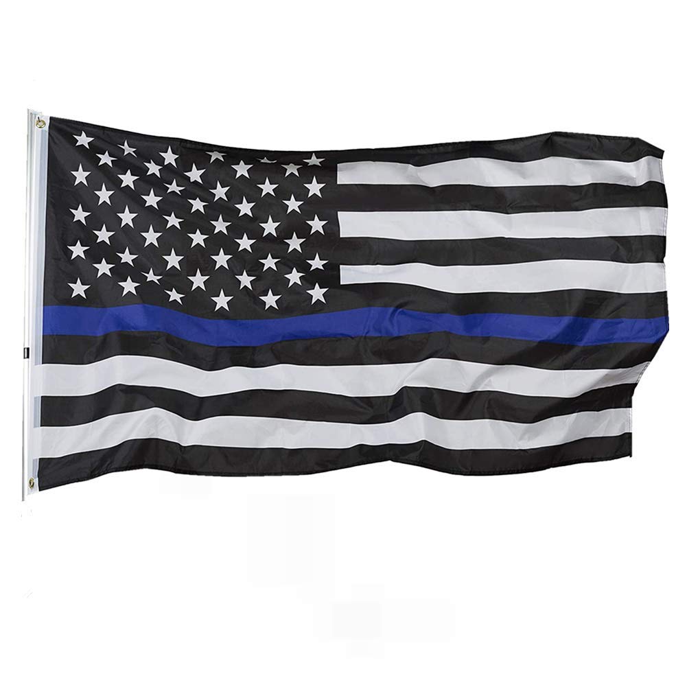 Mosteck Thin Blue Line American Flag - 3 by 5 Foot Flag Honoring Our Men and Women of Law Enforcement- Black, White, and Blue with Brass Grommets