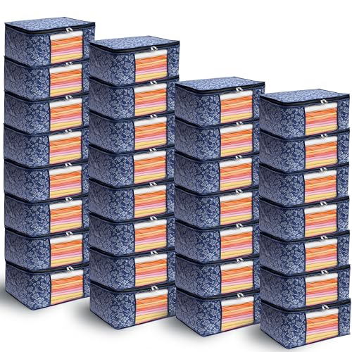 Image of Flower Printed Saree Covers for Cloth Storage & Wardrobe | Transparent Window, Zipper Closure | Blue | Pack of 30 | Dustproof, Breathable, Travel & Home Use