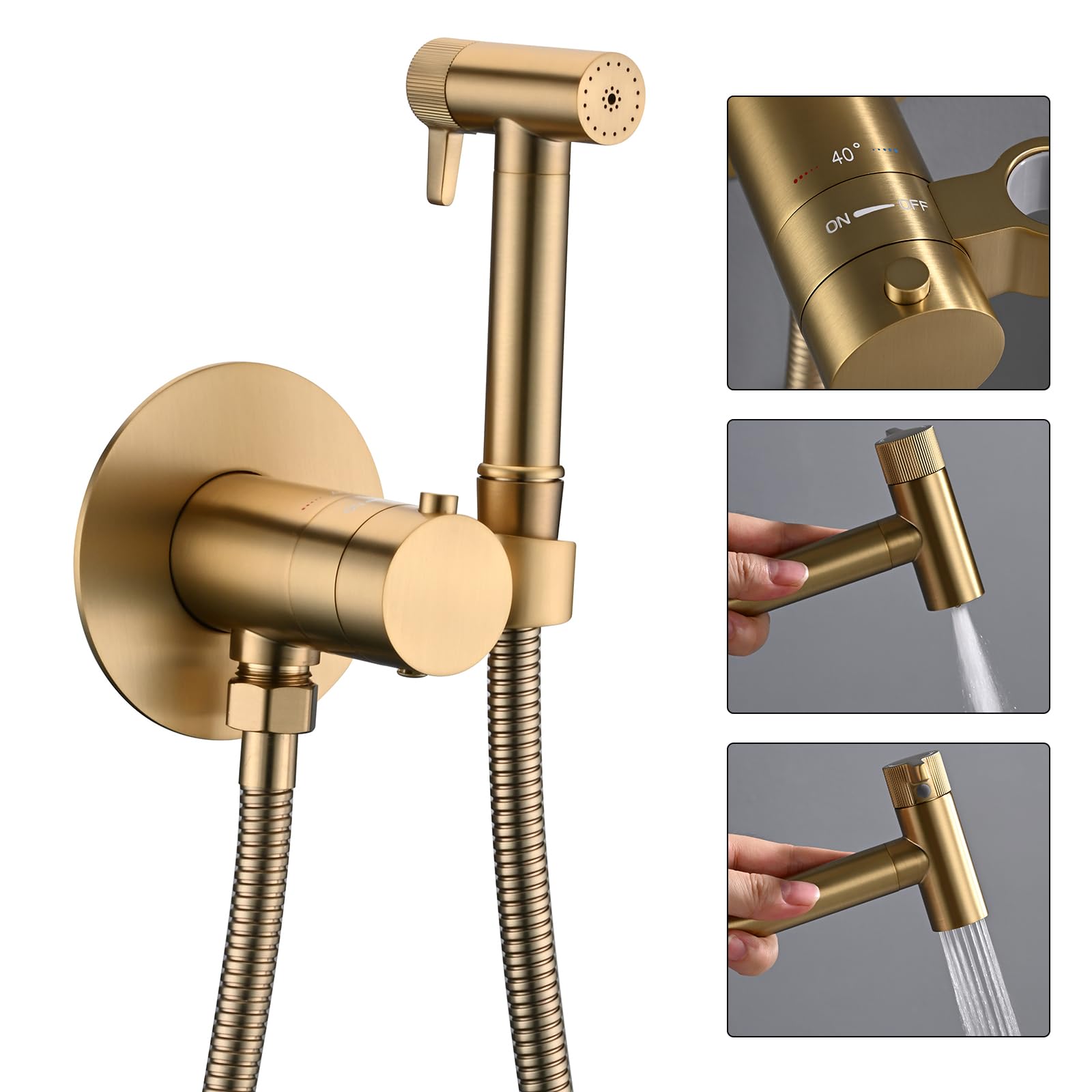Doccetta per Bidet Termostatico, Ottone Spruzzatore per Bidet Oro Spazzolato Idroscopino per WC, con Spruzzatore a Doppia Funzione in Ottone, 1.2M Tubo Doccia