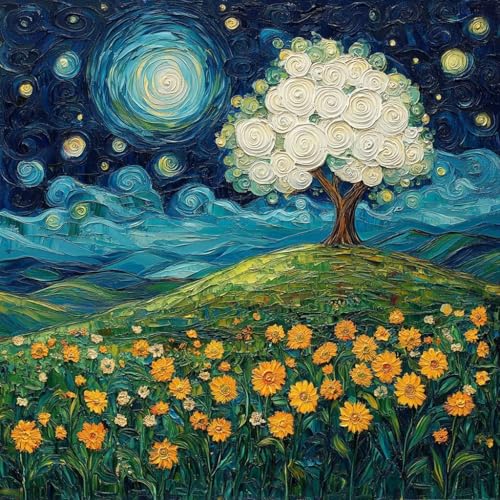 数字油絵 木, 油絵 キャンバス ホーム オフィス装飾, 星空 DIY Paint by Numbers for Adults, 数字塗り絵 含む アクリルペイントそして ブラシ, 適切な 大人 初心者, ペイントバイナンバー, ギフト 女性, 100x1
