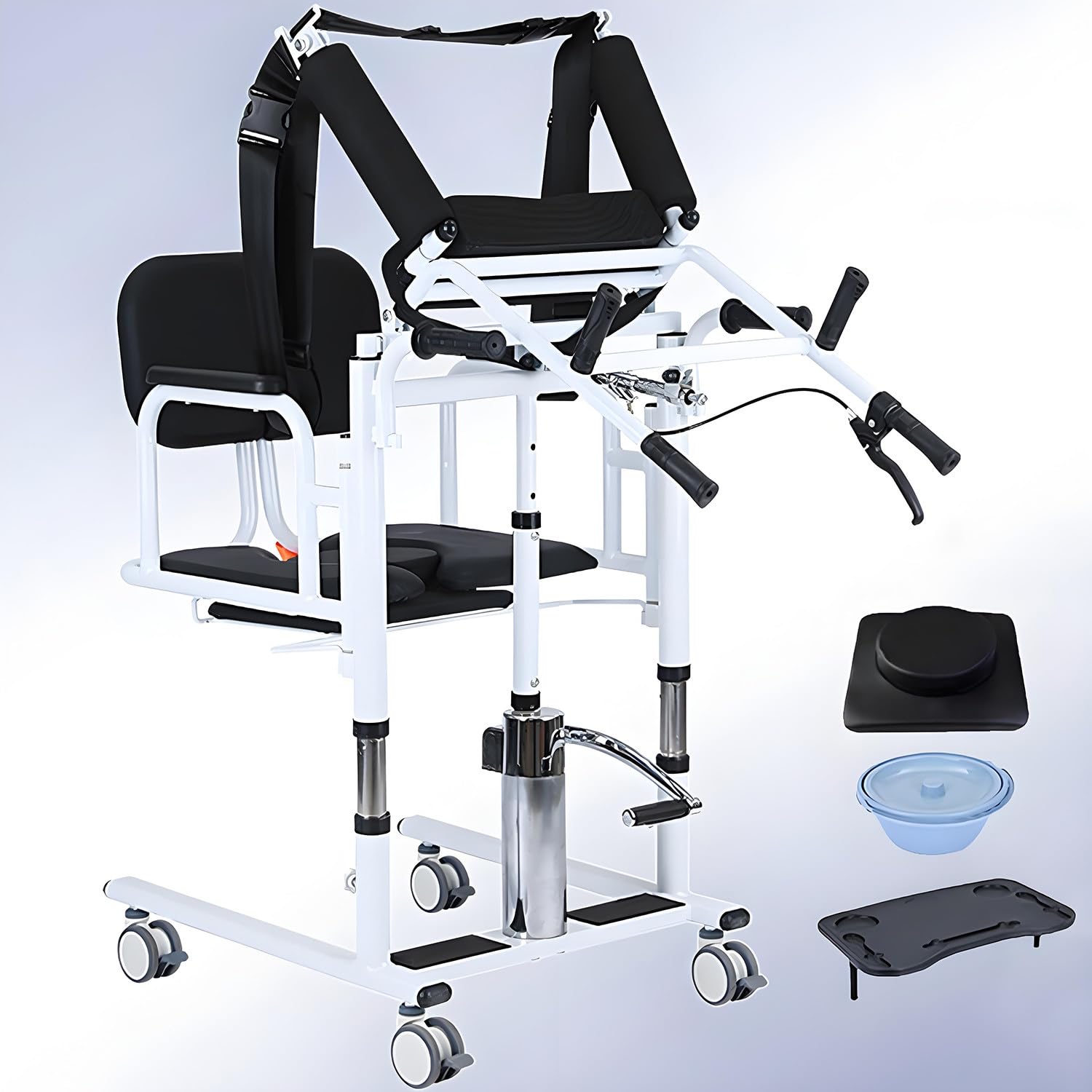 Fotel do transportu pacjenta z podnośnikiem do domu, hydrauliczny fotel do transportu pacjenta z konstrukcją otwartą o 180°, fotel do transportu mobilności w opiece domowej dla osób starszych Black