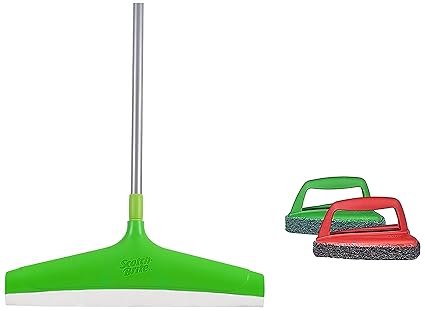 Scotch-Brite Plastic Floor Squeegee Wiper -with Telescopic Handle (Green/Silver) & Fibre Bathroom Scrubber and Jet Tough Brush (Multicolour)- H18-6025,Pack of 2 Pieces