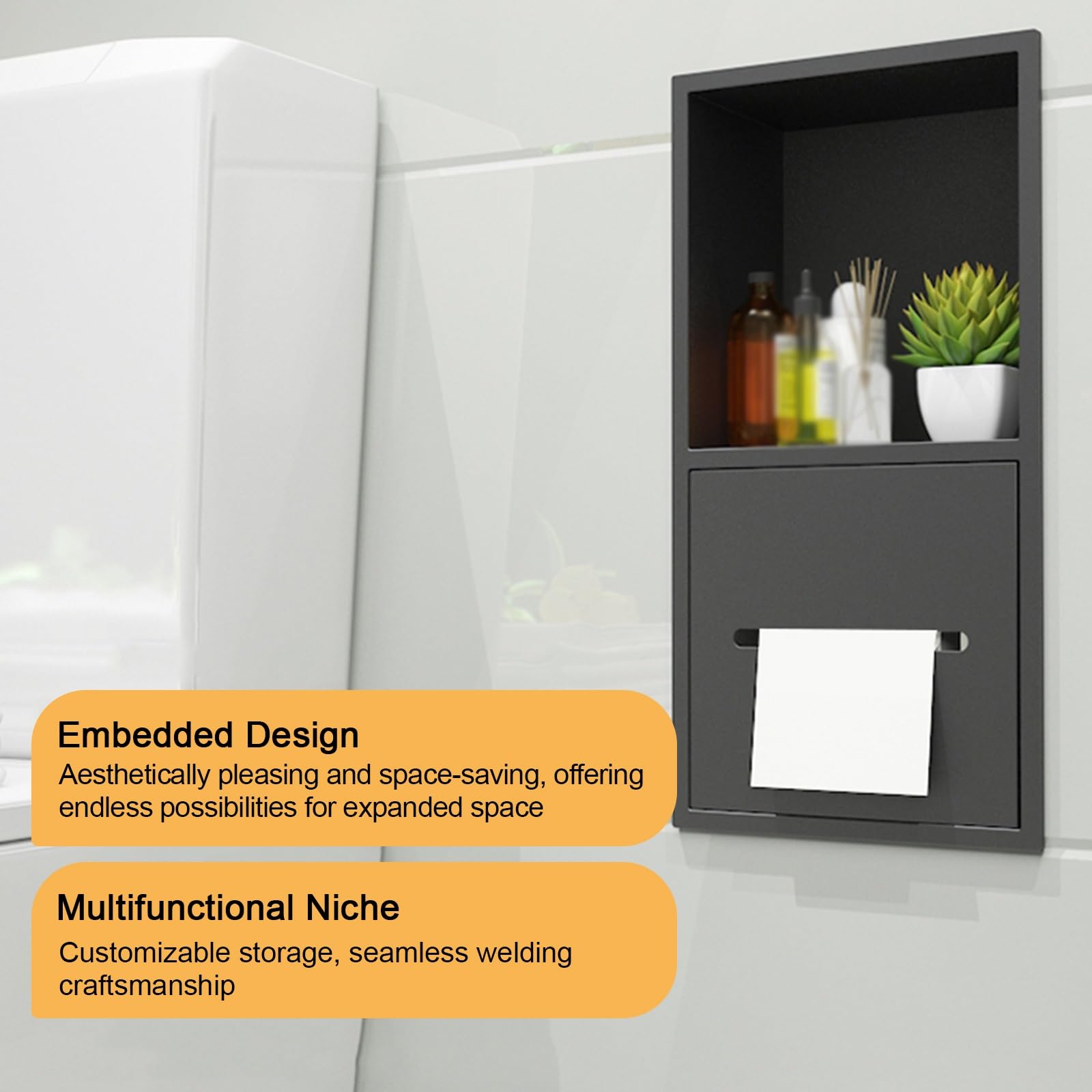 Dispenser Salviette Bagno da Incasso, Mensola da Muro a Due Livelli, Dispenser Carta Mani, Acciaio Inossidabile 304, per Camera da Letto, Ufficio, Cucina(Black)