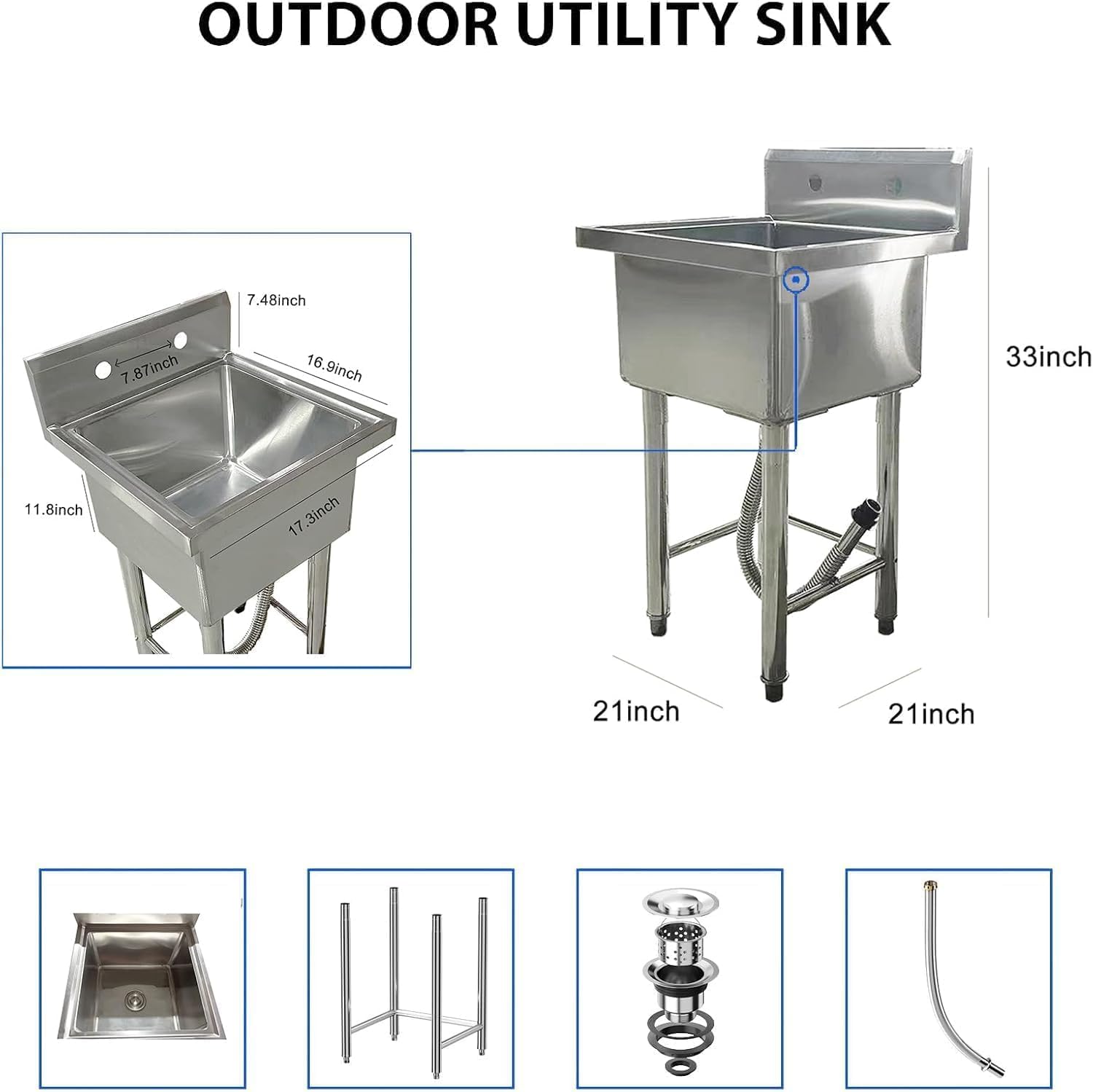 21"x21"x33" Stainless Steel Utility Sink, Free Standing Single Bowl Commercial Sink, Heavy Duty Utility Tub for Restaurant Laundry Room Bathroom Garage Garden