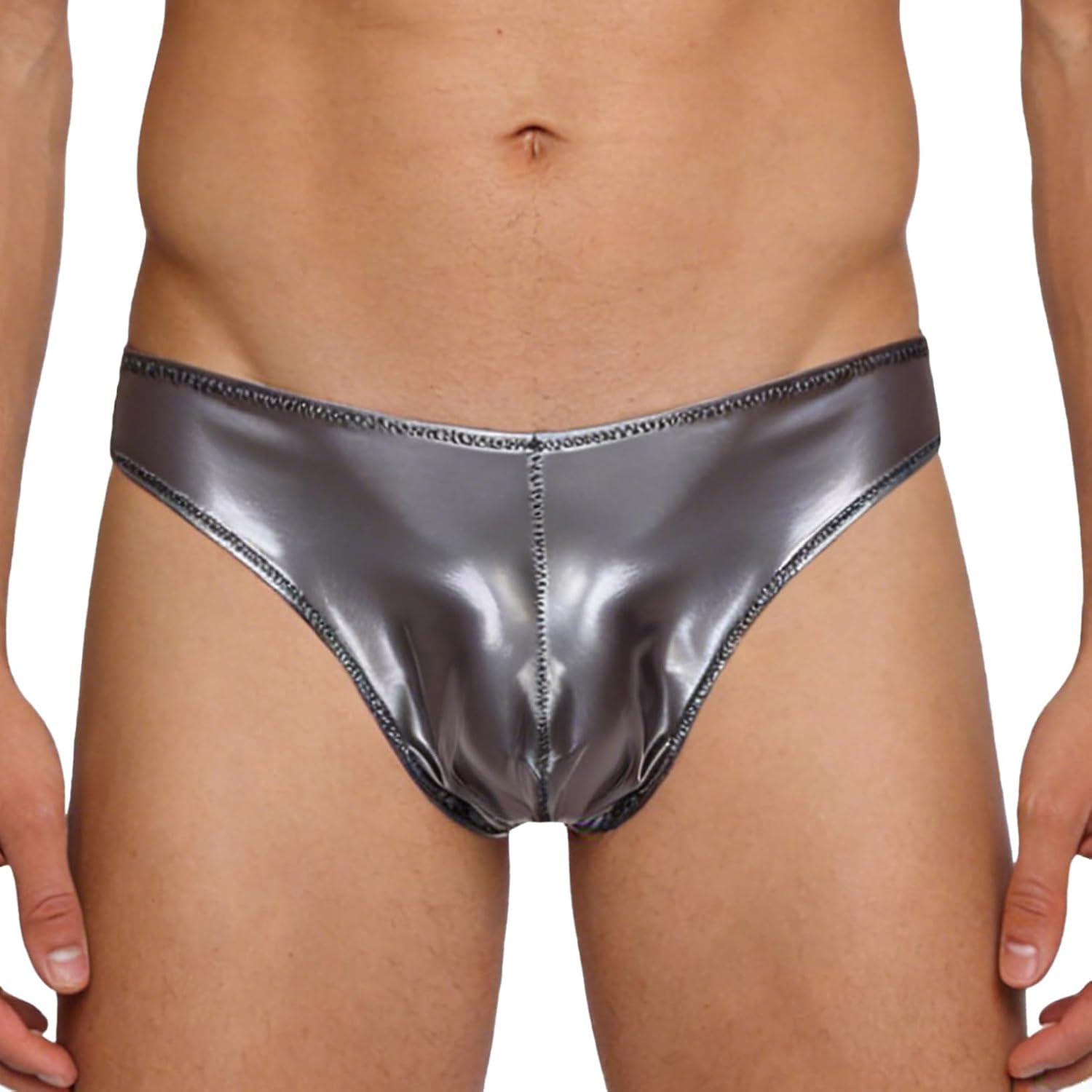 Hularka Mens Wet Look Faux Leather Low Rise Bikini Briefs Shiny Metallic Bulge Pouch Underwear