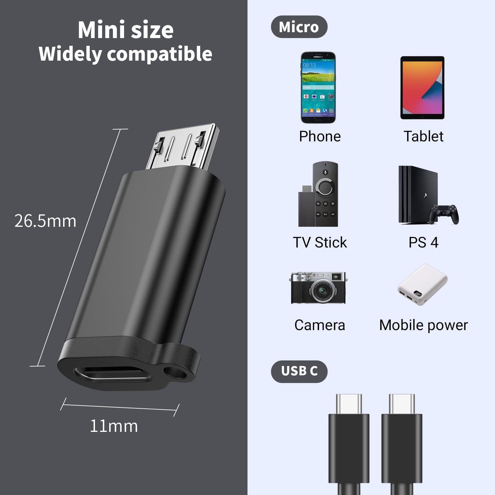 Confezione da 2 mini adattatori USB e 3 micro adattatori USB, connettore di ricarica e sincronizzazione dati per ricevitore GPS/fotocamera digitale/Dash Cam/lettore MP3, Galaxy S6 S7 S7 Edge, Kindle