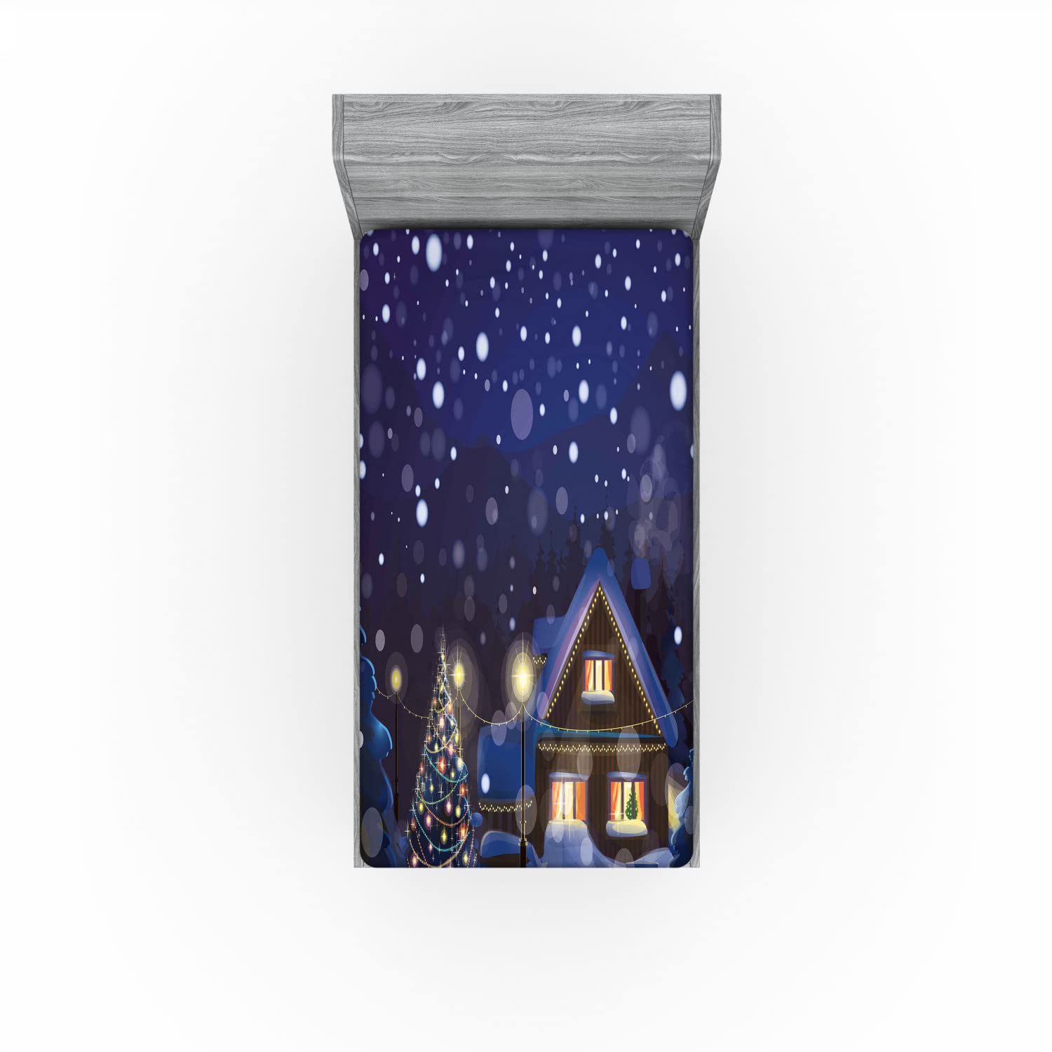 Ambesonne Christmas 2 Pack Fitted Sheet, Winter Night House, Bed Cover All-Round Elastic Deep Pockets 2 Pieces, Package Contains 2 Twin Size Fitted Sheets, Navy Yellow