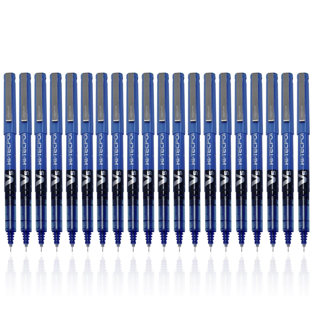 Hi-Tecpoint V5 0.5mm Extra Fine Point Pure Liquid Ink Roller Ball Pen | Blue Ink, Pack Of 20