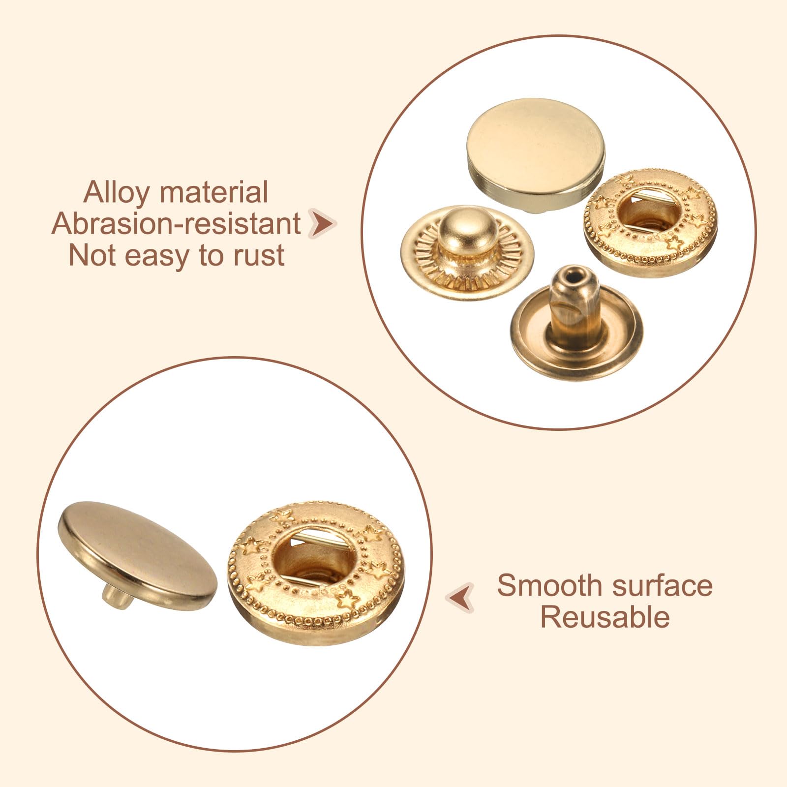 HARFINGTON Juego de 25 cierres a presión de cuero de 17 mm, remaches de cuero con 3 herramientas de ajuste para ropa, chaquetas, jeans, bolsos, color dorado