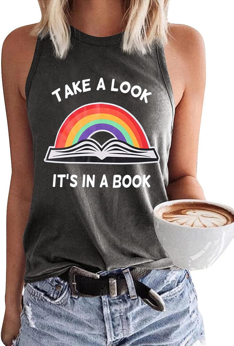 Take A Look Its in A Book T-Shirt Women Cute Book Lover Gift Teacher Shirt Reading Top Funny Letter Print Rainbow Graphic Tee