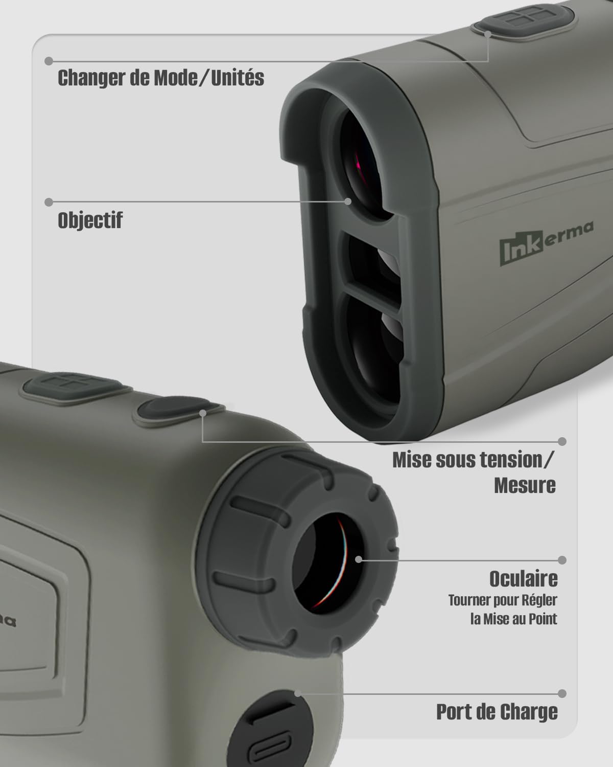 Télémètre Chasse/Golf, Inkerma 1000/1200M Télémètre de Chasse Rechargeable avec Grossissement 6X, Écran LCD, Angle/Compensation de Pente/Unit Switch/Vitesse/Scan Fonctionnel (Hunter-E)