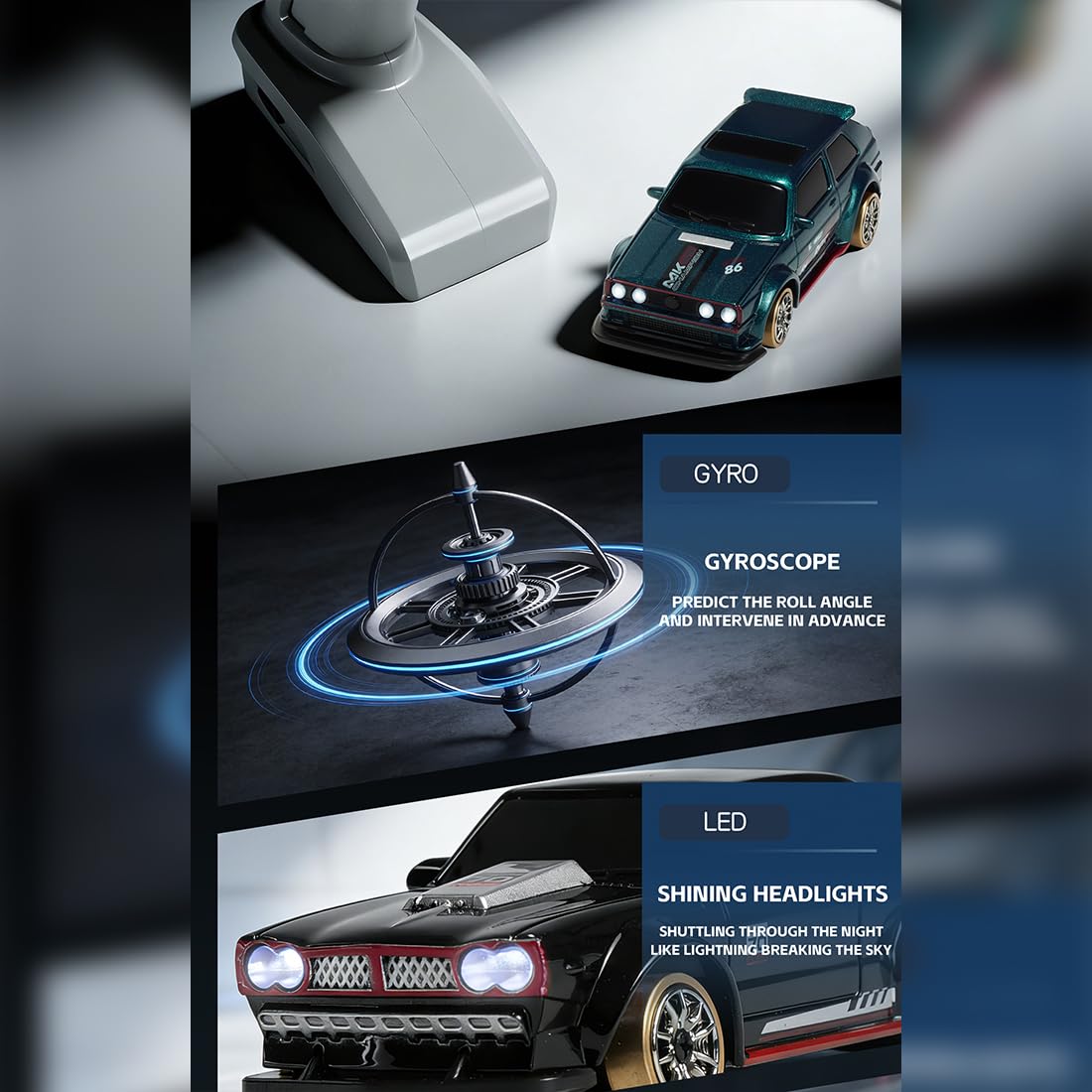 RC Drift Auto, 1:64, 4 WD, modalità doppia velocità, auto telecomandata con gas e sterzo completamente proporzionali, luce LED, regalo per appassionati e adulti (nero)