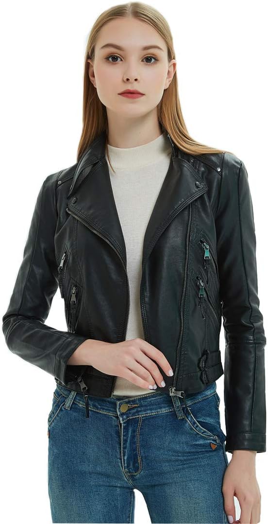 Gatti Women's Leather Jacket Zip up Faux Leather Moto Biker Short Coat Jacket with Pocket