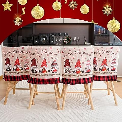 Christmas Chair Covers Burlap Plaid Gnomes Xmas Decoration Chair Protector Covers Christmas Dining Slipcovers Decorations for Christmas Holiday Home Decor,4 Pieces Cover