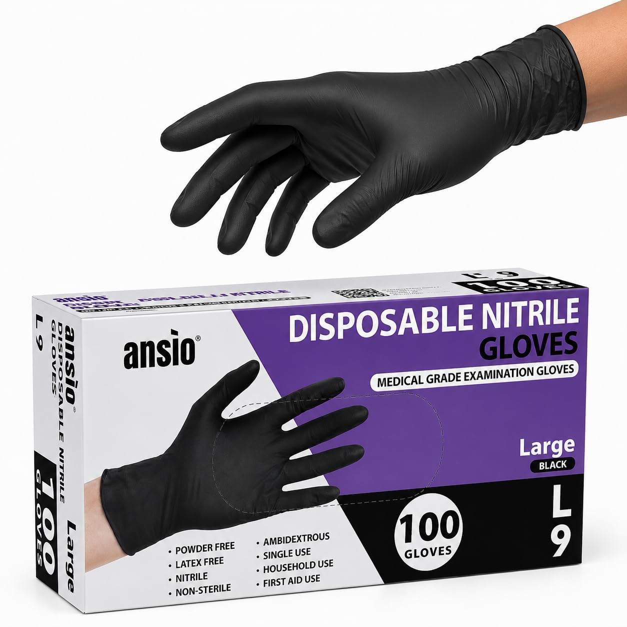 ANSIO Black Nitrile Gloves Large, 200 Disposable Gloves, Powder Free Latex Free Medical Grade Examination Gloves, Touchscreen Compatible Food Safe Gloves for Cleaning, Food Prep, Hair Dye & DIY