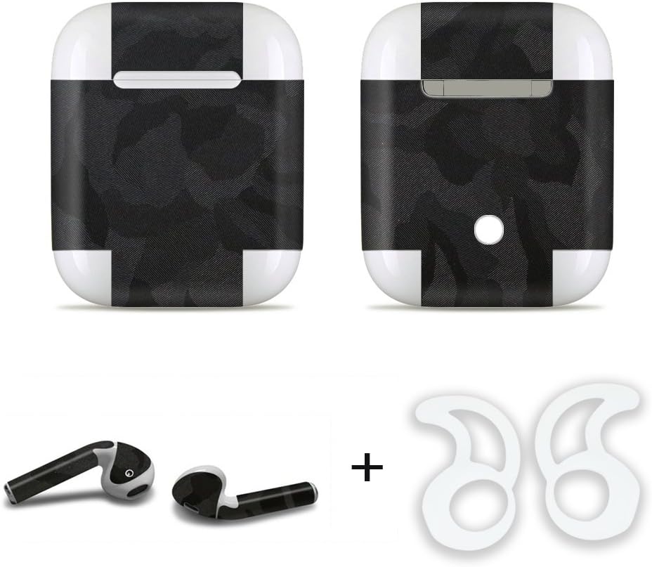 Skins + Bonus Hooks, Compatible with Apple AirPods Accessories, 3M Wraps, Adhesive w/Air Release Channels, Protective Skin Cover for Apple AirPods (2-Pack) (Textured Black)