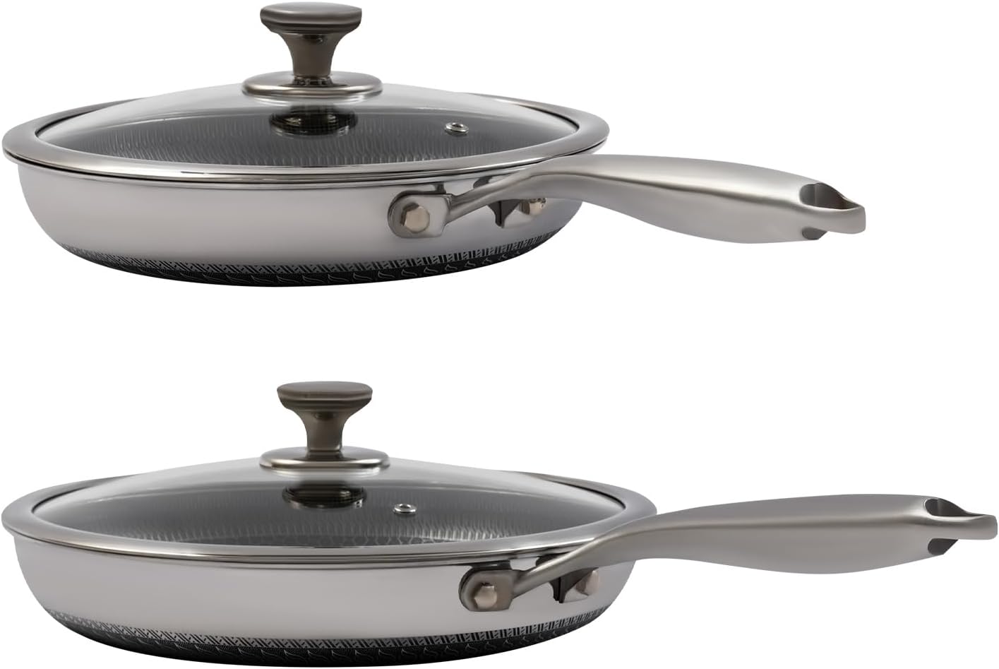 DNYSYSJ 2PCS Stainless Steel Pan, Non Stick Frying Pans with Honeycomb Pattern & Glass Lid, Cookware Set Induction Compatible Healthy Skillet for Gas, Electric & Ceramic Cooktops（10 + 12 Inch）