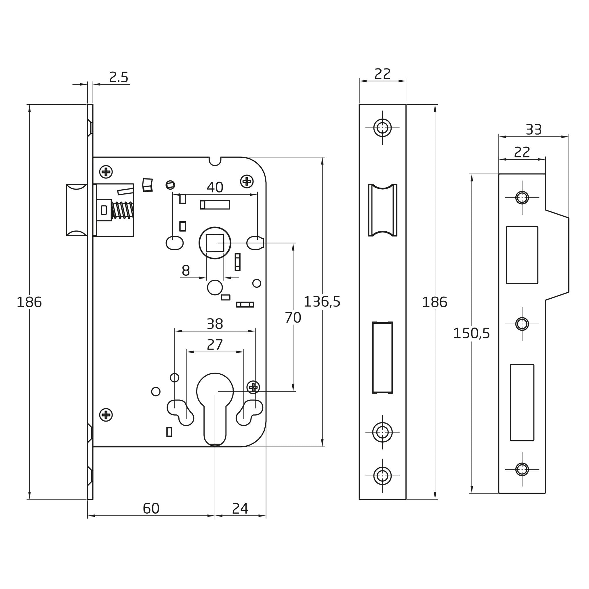 Amig - Serratura da incasso per porte in legno | Entrata: 60mm | Quadrello - Foro: 70mm | Quadro: 8mm | Cilindro a profilo europeo | Con bocchette e riduttore: 6mm | Acciaio inossidabile opaco