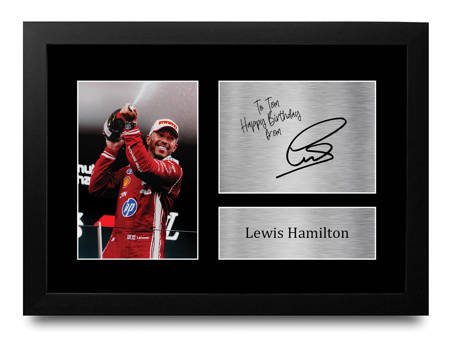 HWC Trading Lewis Hamilton Ferrari Personalised Gift - Signed Autograph Picture, Framed A4 Formula 1 Memorabilia with Custom Name Message for Birthday Christmas Wedding