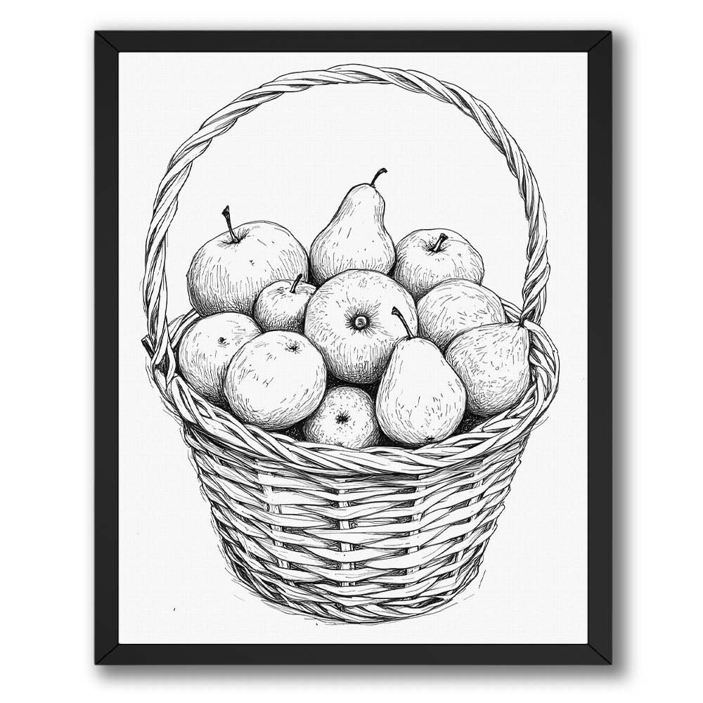 InkFlow Posters Kitchen Fruit Basket Poster - Detailed Fruit Illustration Art - Simple Culinary Graphic Print - Modern Kitchen Wall Decor - Classic Line Sketch Style - 18x24 Unframed Canvas Wall Art