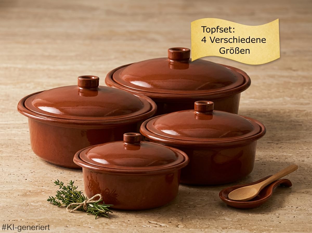 Ton-Cocotte mit Deckel 1,5 – 4,5 Liter - 4er Set – Glasierte Schmortopfe für Ceran, Gas, Ofen & Grill – Mediterraner Tontopf spülmaschinengeeignet