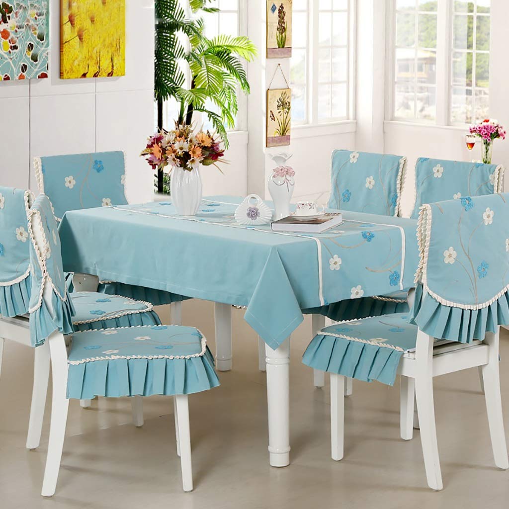 Nappe nappe brodée carrée coton lin et housse de chaise de table bleu