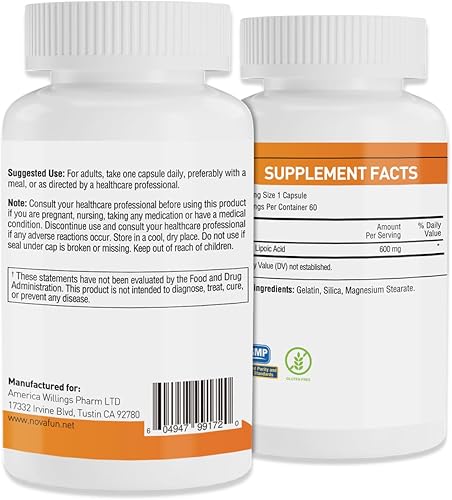 Miniatura 7 de Cápsulas de ácido alfa lipoico de 600 mg, suplemento de ALA para la salud nerviosa, apoyo antioxidante y energía celular, 60 unidades, sin OMG, sin