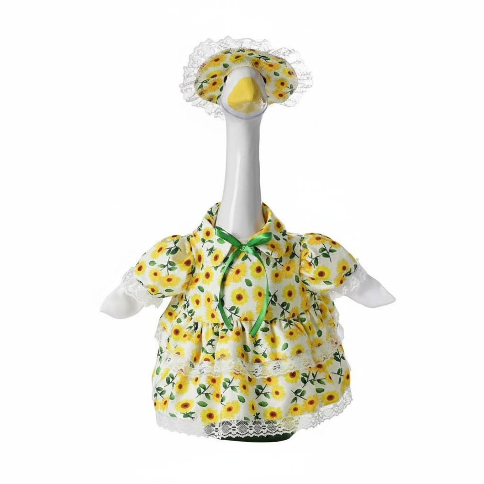 2 Pieces Country Design Floral Goose Dress Set Includes Matching Hat Goose Statue Outfit Lace Trim Lawn Ornament Apparel Ribbon Bow Accent for Homeowners, Gardeners, Patio, Sunflower-image-20