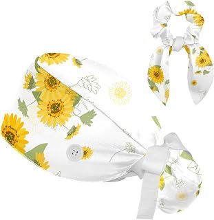 FVQL 2 Pieces Surgical Cap for Long Hair Scrub Cap with Hairband Nurse Cap, Hand Drawn Pattern Sunflower