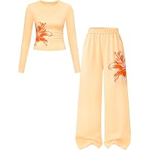 Crazyme Girls Clothes 2 Piece Floral Ruched Long Sleeve Top Wide Leg Pants Casual Fall Winter Outfits for Teen Girls 7-14Y