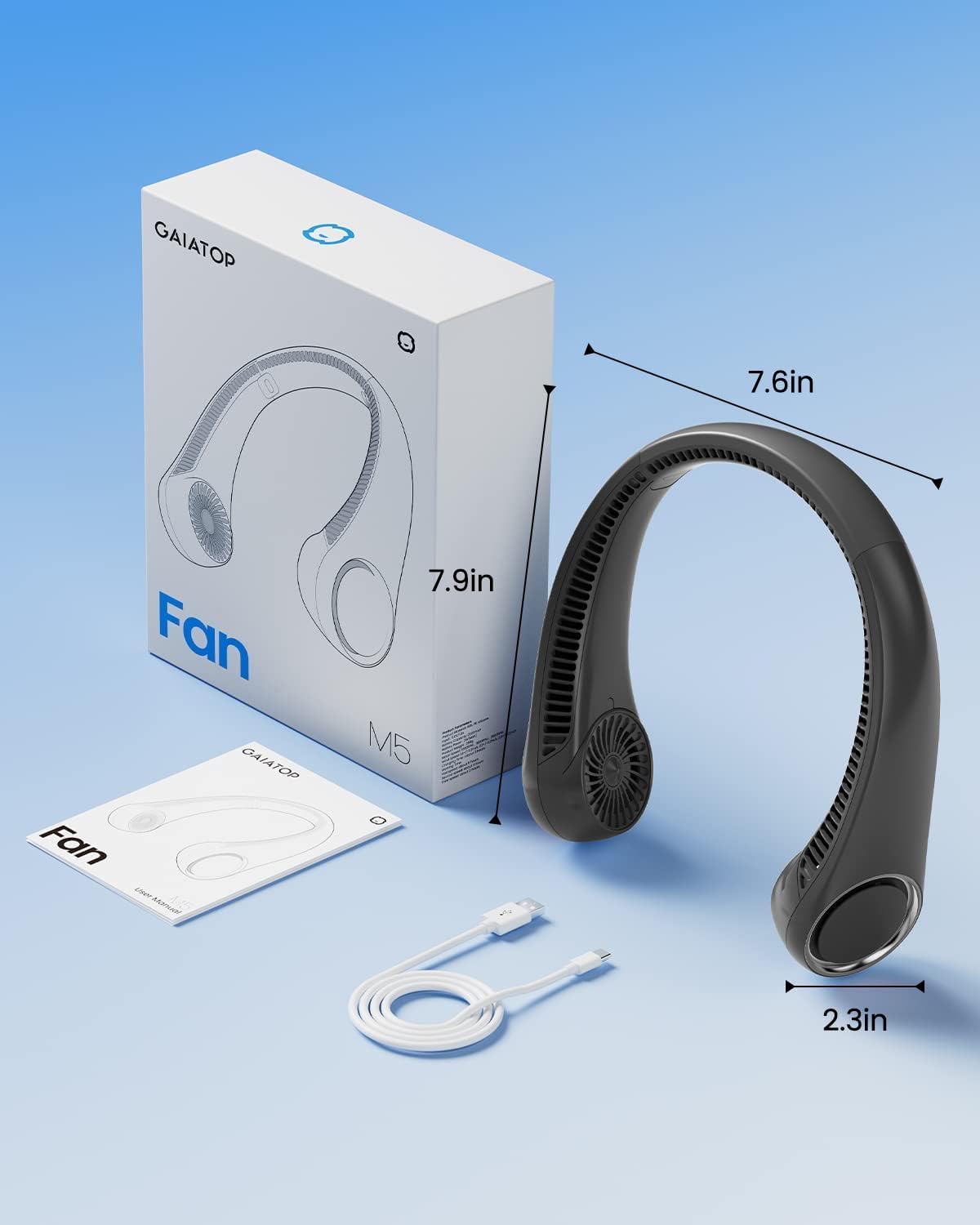 Gaiatop Portable Neck Fan M5 with its packaging and dimensions (7.6in, 7.9in, 2.3in).