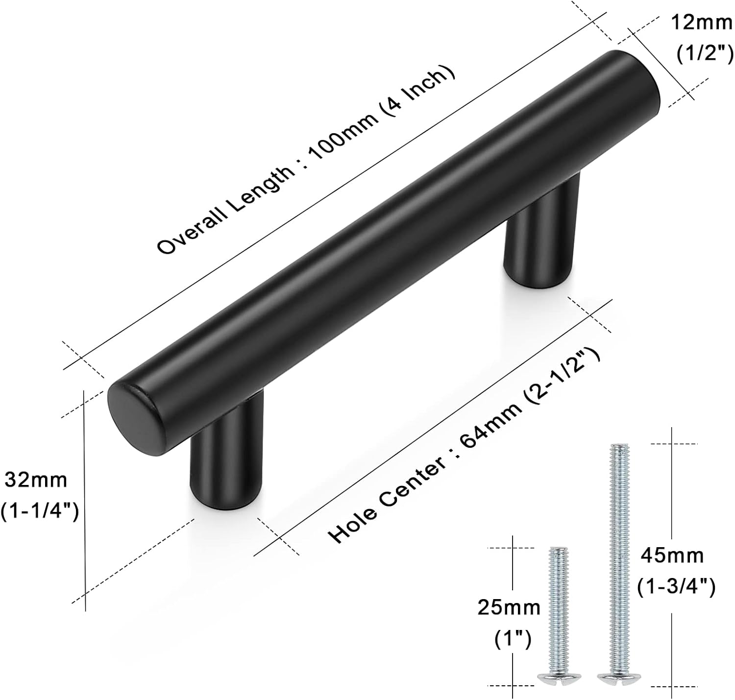 Probrico 30 Pack| 4 Inch Black Cabinet Handles with 2-1/2 Inch Hole Center Stainless Steel Cabinet Pulls Round T Bar Kitchen Cabinet Hardware Door Handles, Drawer Dresser Pulls，64mm Hole Centers