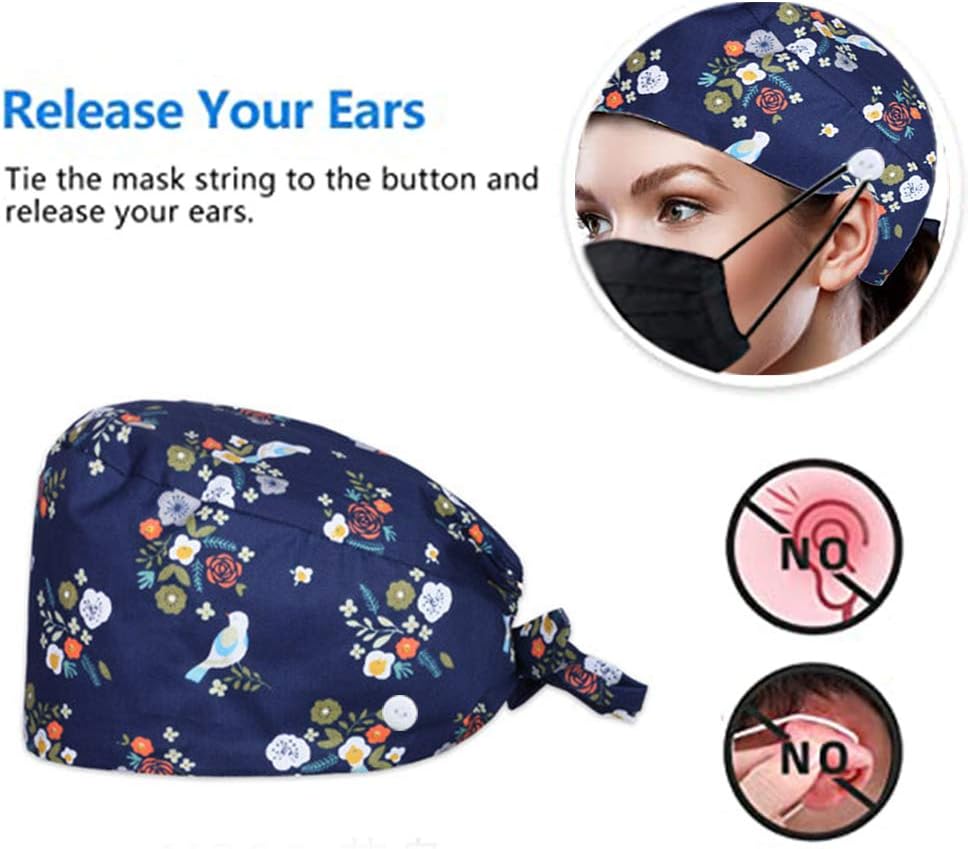 8 Packs Adjustable Cotton Working Caps with Button Sweatband Tie Back Hats Headwear Printed for Women Men